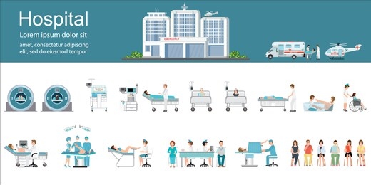 modern hospital building and healthcare infographics with departments, patients and doctors working, health and care vector illustration. 