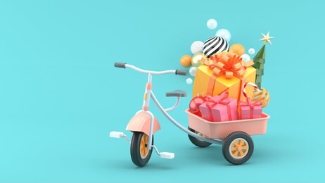 children's bike carrying christmas gifts on a blue background.-3d rendering.
