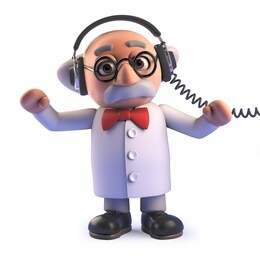 3d rendered image of a mad scientist cartoon character in 3d wearing a pair of headphones