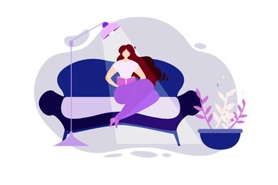 cartoon happy woman on comfortable couch with book in hand reading vector illustration. home evening rest, relax cozy apartment, reader hobby, literature study, education student learning leisure