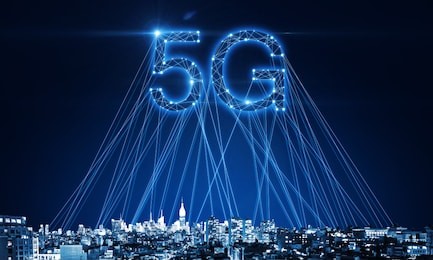 creative 5g internet on night city background with connections. web network concept. double exposure 