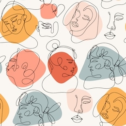 modern abstract faces. contemporary female silhouettes. hand drawn outline trendy illustration. continuous line, minimalistic concept. colored vector seamless pattern. pastel colors