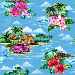 seamless repeat pattern of vintage hawaiian barkcloth design of tropical island scenes.