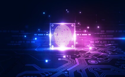 fingerprint integrated in a printed circuit, releasing binary codes. fingerprint scanning identification system. biometric authorization and business security concept. vector illustration background