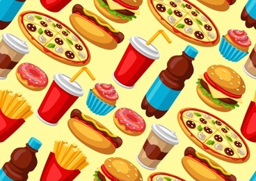 seamless pattern with fast food meal. tasty fastfood lunch products. background for menu or advertising.