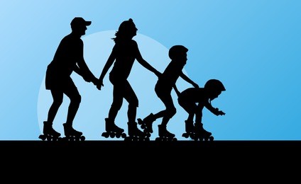 cute kids, mother, father in roller skates vector background family concept