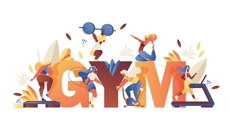 concept illustration with large word gym and girls doing sport training, leaves and greenery isolated on white background. creative lettering with contemporary characters