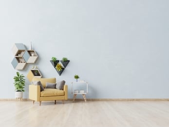 living room with wooden table, lamps and yellow armchair, 3d rendering