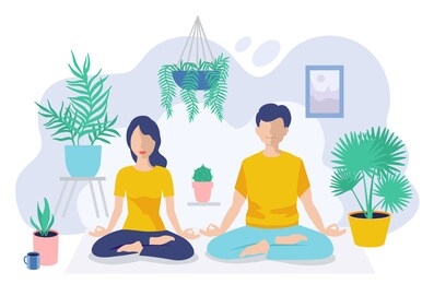 a man and a woman do yoga. girl and boy at greenhouse or home garden with plants growing in pots. couple meditates. trendy illustration in flat cartoon style. urban jungle. meditation at home
