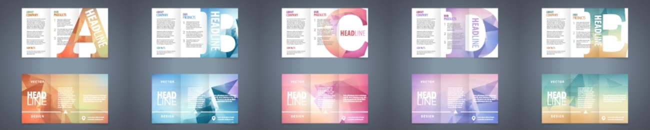 vector modern tri-fold brochure design template set with colorful polygonal background and letter design element. best corporate style layout