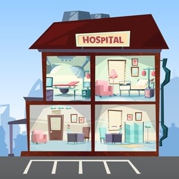 hospital. medical clinic rooms interior hallway emergency vector pictures of hospital. medical equipment in hospital, interior of surgery illustration