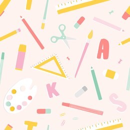 bright colored seamless pattern with school supplies or stationery, letters scattered on light background. modern illustration in trendy flat style for fabric print, backdrop, wrapping paper.