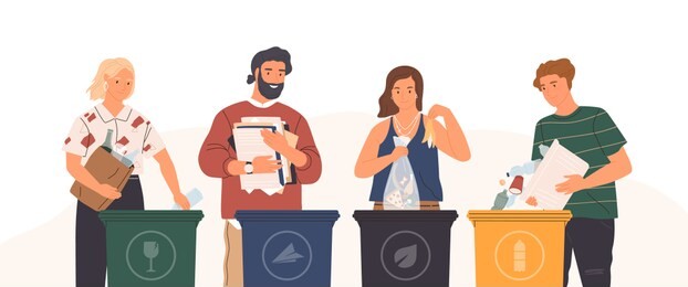 bundle of cute funny people putting rubbish in trash bins, dumpsters or containers. set of happy men and women practicing garbage collection, sorting and recycling. flat cartoon vector illustration.