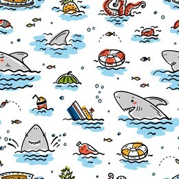 catoon summer sea background for kids. vector seamless childish pattern with doodle cute shark smiling characters and various objects and food floating or sinking in water