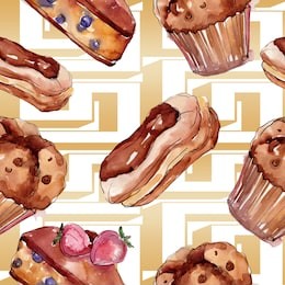 tasty cake and bun sweet dessert. watercolor background illustration set. watercolour drawing fashion aquarelle isolated. seamless background pattern. fabric wallpaper print texture.