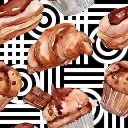 tasty cake and bun sweet dessert. watercolor background illustration set. watercolour drawing fashion aquarelle isolated. seamless background pattern. fabric wallpaper print texture.