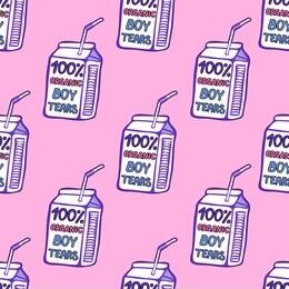 100% organic boy tears drinks seamless pattern. cute, sassy vector wallpaper. pink background.