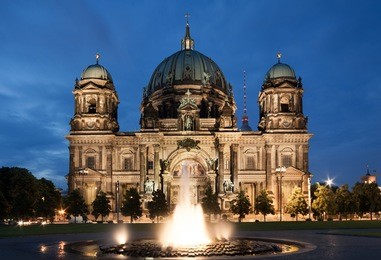 berlin cathedral, or berliner dom, illuminated at night