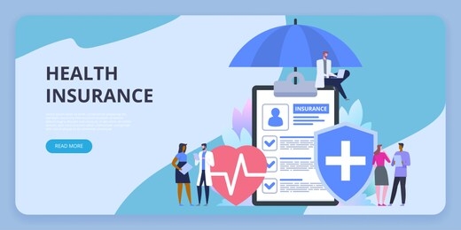 health insurance protection. care medical with decorated small people character. filling medical documents. healthcare concept. vector illustration flat design style