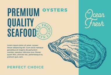 premium quality seafood. abstract vector packaging design or label. modern typography and hand drawn oyster shell mollusc silhouette background layout.