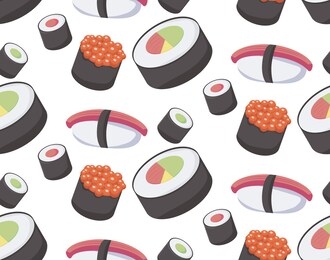 vector seamless pattern with sushi and rolls 
