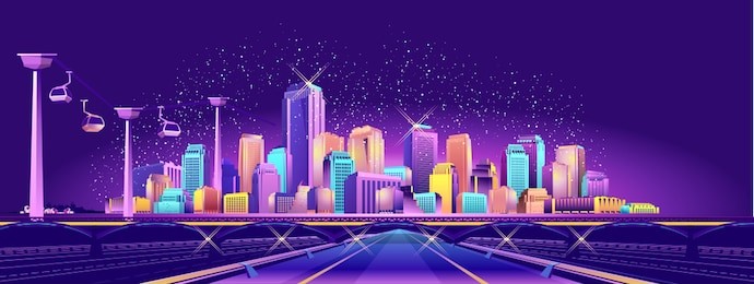 the futuristic night resort city is illuminated by neon lights and light rays, traffic, roads, bridges, estokadas and suspended cable car,