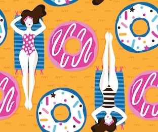 young women swimming in the pool on rubber rings. seamless pattern. vector illustration. – vector in pink, yellow and blue colours