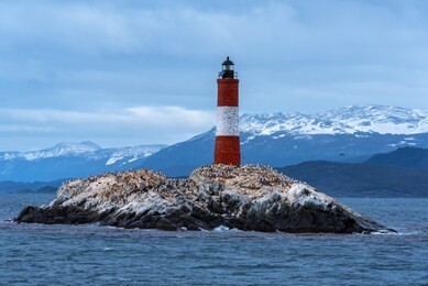 les eclaireurs lighthouse island in the middle of the beagle channel, close to ushuaia city in argentina. tierra del fuego island, patagonia.