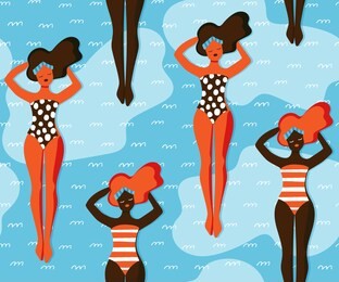 young women swimming in the pool. seamless pattern. vector illustration. – vector in orange, brown and blue colours