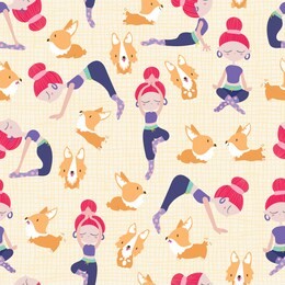 seamless pattern with cute/ kawaii girl in yoga poses with corgi welsh. creamy background. healthy lifestyle. design for textile, fabric, decoration, wallpaper, wrapping, scrapbook and packaging.