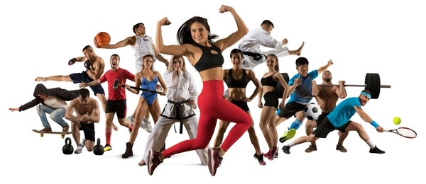 sport collage. tennis, soccer, taekwondo, fitness, bodybuilding, mma fighter and basketball players. sporty women and men standing on white background - image
