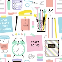 stationery items cartoon vector seamless pattern. time management hand drawn texture. desk accessories decorative backdrop. planner book, schedule planning. wallpaper, wrapping paper flat design