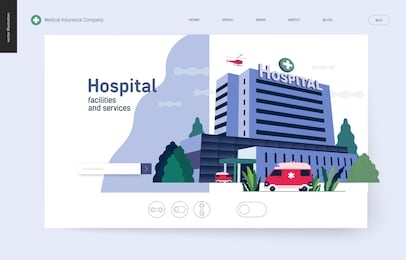 medical insurance - hospital facilities and services - modern flat vector concept digital illustration - a hospital building with an ambulance car and a helicopter above, medical office or laboratory