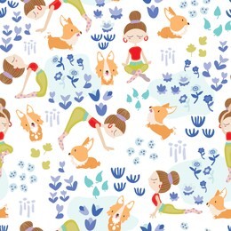 seamless pattern with cute/ kawaii girl in yoga poses with her corgi welsh. outdoor sport in the garden. floral background. healthy lifestyle.