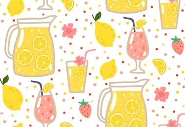 summer seamless pattern with lemonade, lemons, strawberries, flowers, and cocktails. can be used wrapping paper, fabric, wallpaper, background design.