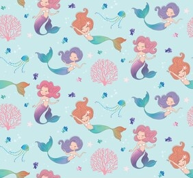 little cute mermaids with sea animals seamless pattern design