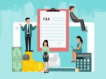 concept of pay bills tax accounts online via computer or laptop. online payment service. laptop checks and invoices on the screen. pay people man and woman. vector illustration account banking.