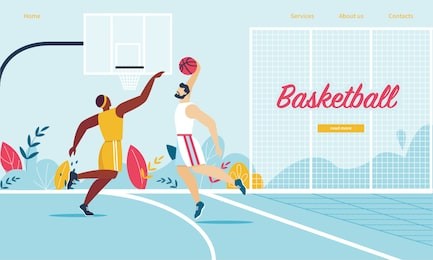 basketball players in action. attack man putting ball into basket, defender preventing. sport team on professional tournament. sportsman score goal in game. cartoon flat vector illustration, banner