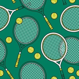 sport theme seamless pattern of tennis rackets and balls on green background.