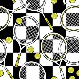 sport theme seamless pattern of tennis rackets and balls on checkered background.