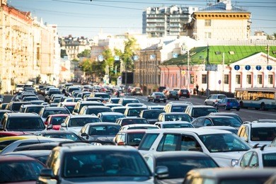 cars stands in traffic jam in moscow.