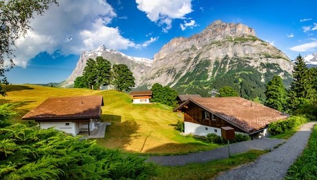 swiss beauty, wetterhorn above grindelwald houses, bernese oberland, switzerland, europe