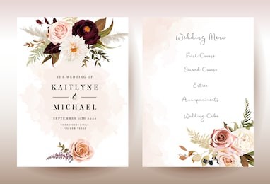 moody boho chic wedding vector bouquet cards. warm fall and winter tones. orange red, taupe, burgundy, brown, cream, gold, beige, sepia autumn colors. rose flowers, dahlia, ranunculus, pampas grass