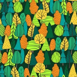 vector seamless pattern of autumn forest in scandinavian style. repeater background with cartoon doodle tree and fur-tree for posters, wrapping, textile, leaflet or web