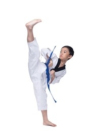 master blue belt taekwondo kid show fighting pose, asian teenager boy athletes exercise warm up in white uniform pants bare foots, studio lighting white background copy space
