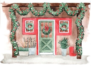 original watercolor painting. christmas card. snow-covered mountains. red house with christmas decoration