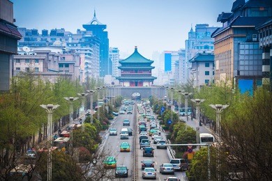 the street scene of xian,bell tower in the center of ancient city,china