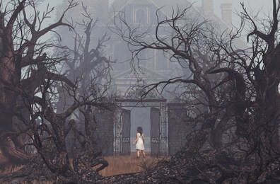 girl enter to haunted manor,3d illustration