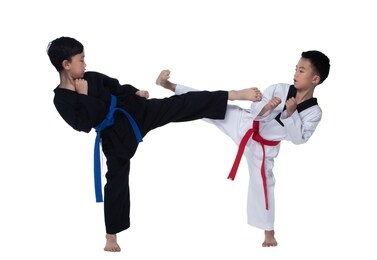 master red blue belt taekwondo kids show fighting pose, asian teenager boys athletes exercise warm up in black white uniform pants bare foots kick fighting, studio lighting white background copy space