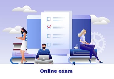 students characters studying, thinking, writing university exam. school homework reading a test. online exam, questionnaire form, online education, learning, survey, internet quiz. illustration